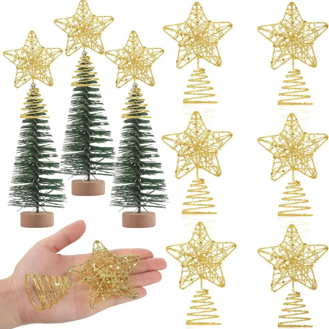 6 Pieces Mini Christmas Tree Star Toppers Glittered Xmas Tree Topper 4 Inch Hollow Star Treetop Topper for Indoor Party Decoration Ornaments(Gold)