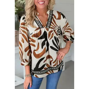 Brown Abstract Print Puff Sleeve Loose Blouse