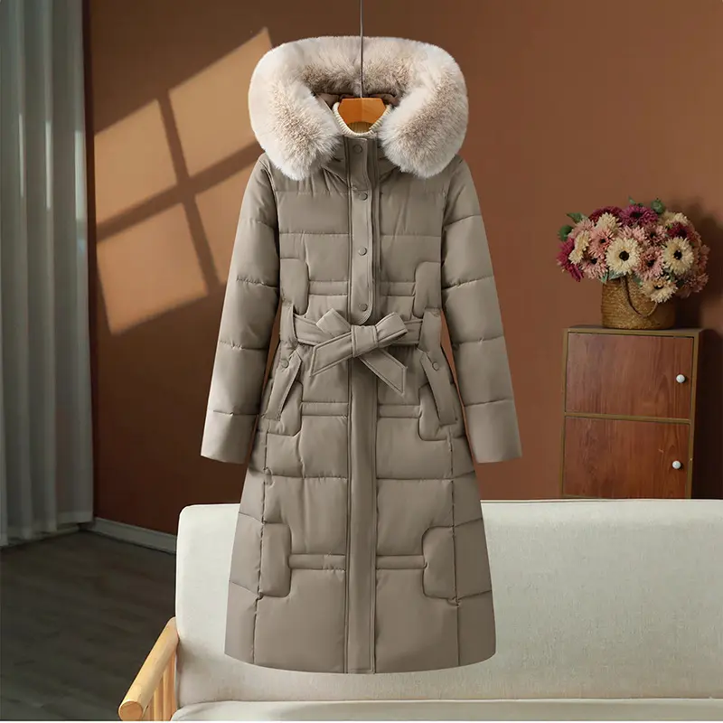 Women Parkas Coats Mid Length Jackets Raccoon Fur Hooded Solid Pocket Zipper Lace Up Long Sleeves Slim Casual 2025 Autumn Winter