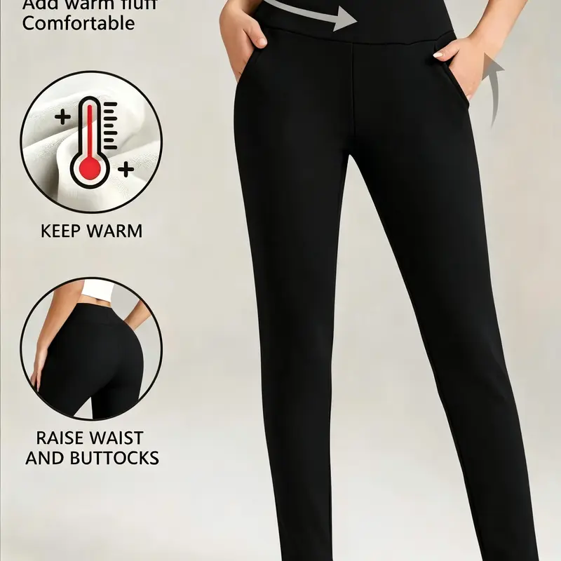 Women's High-Waist Fleece Lined Full Length Thermal Leggings - Lady's Minimalist Basic Body Slimming Sportswear, Snug Comfortable Fit for Outdoor Yoga & Running, Warm, Machine Washable, Dry Clean Option, Back to School
