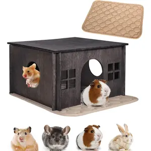 Wooden Guinea Pig Hideout, Small Rabbit Hideout with Multiple Windows, Small Animal Hideaway Castle Habitat for Guinea Pigs, Hamster, Chinchilla