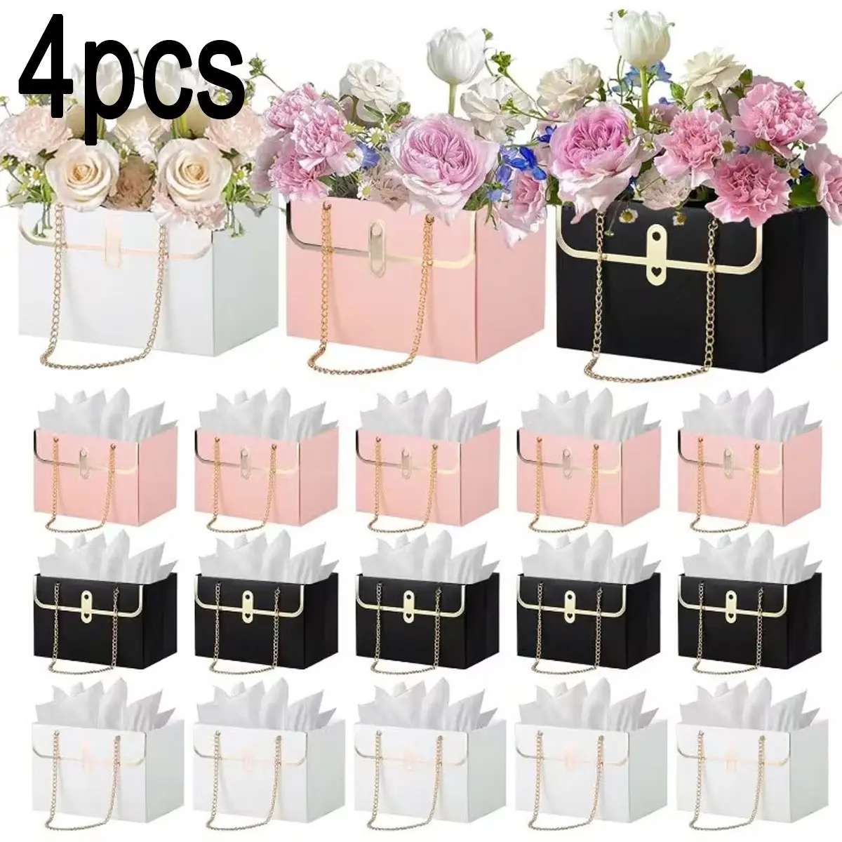 4-Piece Flower Gift Box Set, Beautiful Gift Box, Wedding Bouquet Storage Bucket, Creative Floral Packaging with Metal Chain, Party Favor Bags, Perfect Gift Bundle, Gift Wrapping
