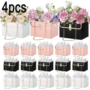 4-Piece Flower Gift Box Set, Wedding Bouquet Storage Bucket, Creative Floral Packaging with Metal Chain, Party Favor Bags, Perfect Gift Bundle