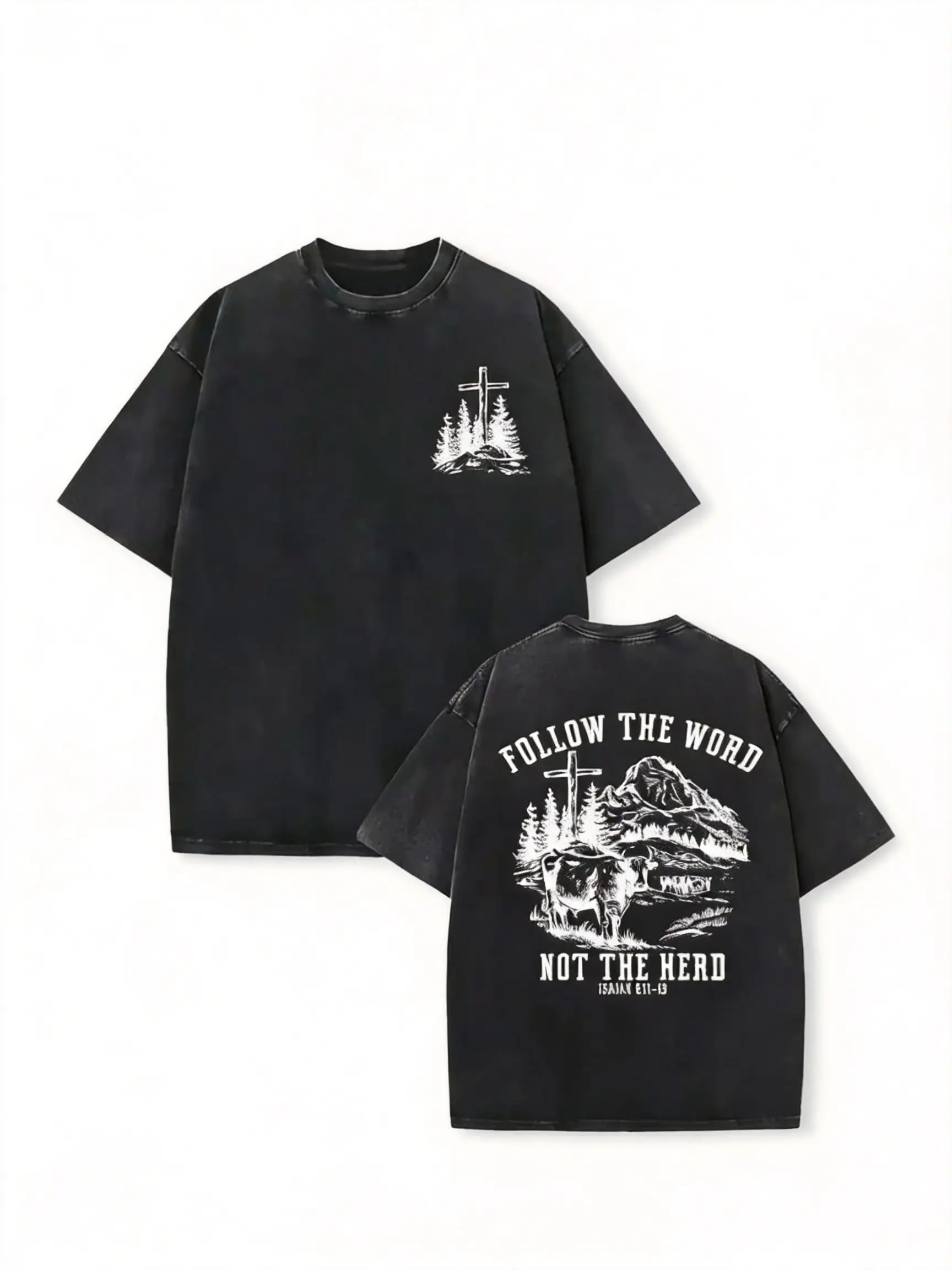 Men'S Faded Short-Sleeve Tee Featuring The Bible Verse Cross Design "FOLLOW THE WORD NOT THE HERD", Embodying a Vintage Faith Style.Unisex Fashionable Crew Neck Pure Cotton T-Shirt