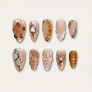 Manihaus Brown Amber Mermaidcore Almond Nails 3D Seashell Starfish Pearl Gold Sun Boho Press On Nails
