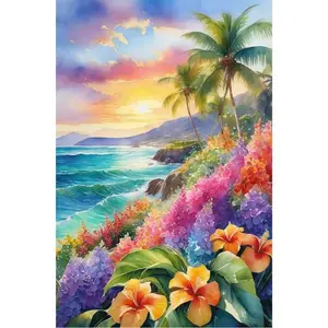 1PCS Diamond Painting Kits Sunset Beach Scene with Palm Trees and Colorful Flowers DIY Rhinestone Embroid