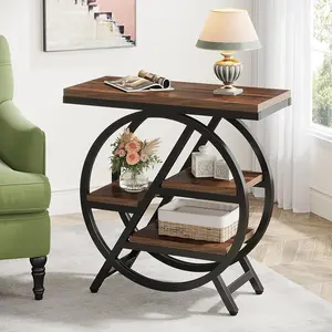 Tribesigns 3-Tier Wood End Table for Living Room - Narrow Side Table with Storage & Geometric Metal Frame - Industrial Nightstand for Bedroom
