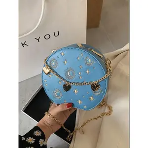 Women's Star & Moon Pattern Design Small Round Bag As Gift, New Trendy Heart-shaped Pendant Chain Decorated Circle Bag, Elegant Fashion Pu Leather Zipper Shoulder Bag for Parties, Shopping or Daily Use