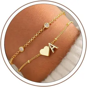 Turandoss Heart Initial Bracelets for Teen Girls - 14K Gold Plated Layered Initial Bracelets Heart Letter A-Z Charm Bracelet Stack Mom Daughter Jewelry Birthday Gifts for Women Teen Girls