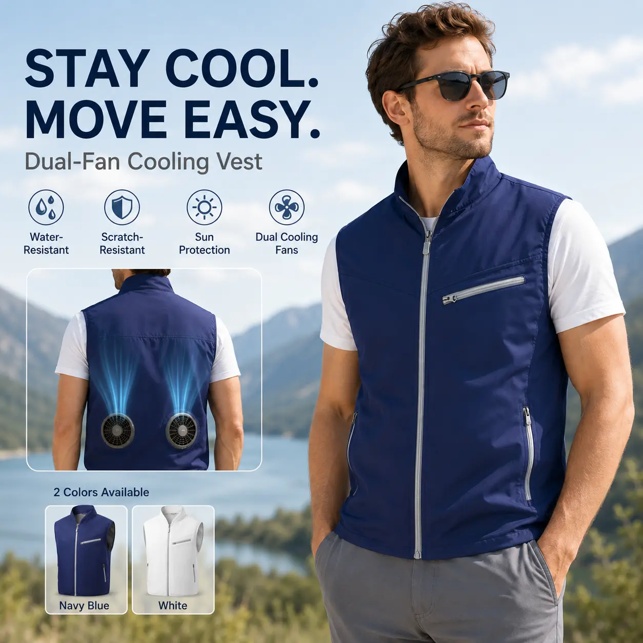 Men’s cooling vest with dual fans, lightweight water-resistant outdoor vest for hot weather, fishing, camping & work, power bank included