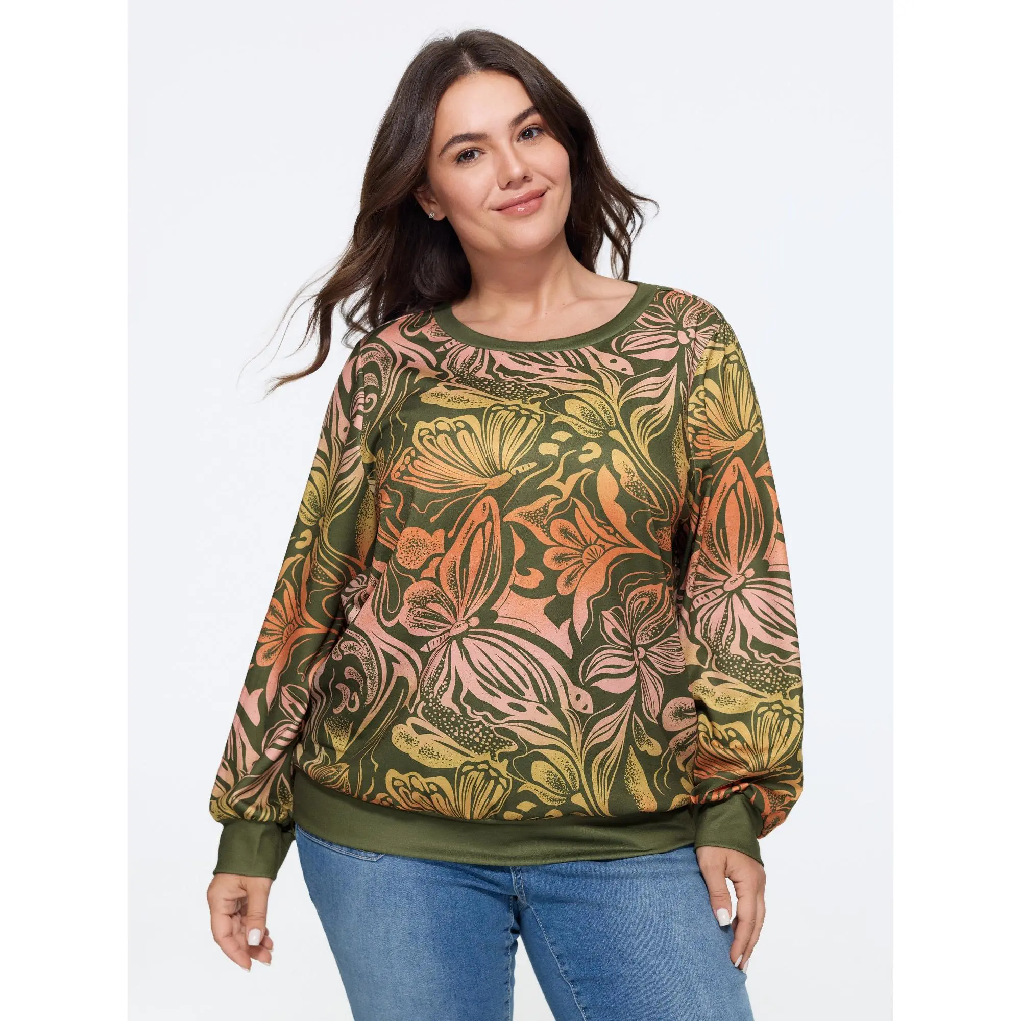 BLOOMCHIC Plus Size Butterfly Floral Print Crew Neck Casual Sweatshirt[M-6X] Summer Finds