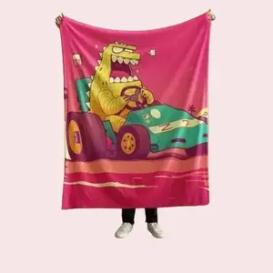 Dinosaur Racer Trendy Flannel Blanket with Cartoon Pattern for Bedroom Living Room Dormitory Perfect Gift for Trendy Items or Car Lovers