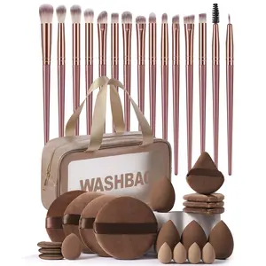 32-Piece Makeup Tool Set Includes 15 Brushes, Waterproof Cosmetic Bag, 4 Sponges, Mini Sponges, Triangle Puffs, Air Cushion Puffs