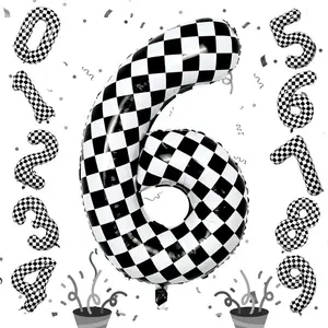 10 giant digital balloons, including the 0123456789 number balloon set (children's style), black and white Checkered Pattern self-inflating, 40-inch size 6 balloons, suitable for 6-year-old birthday party racing flag decoration supplies