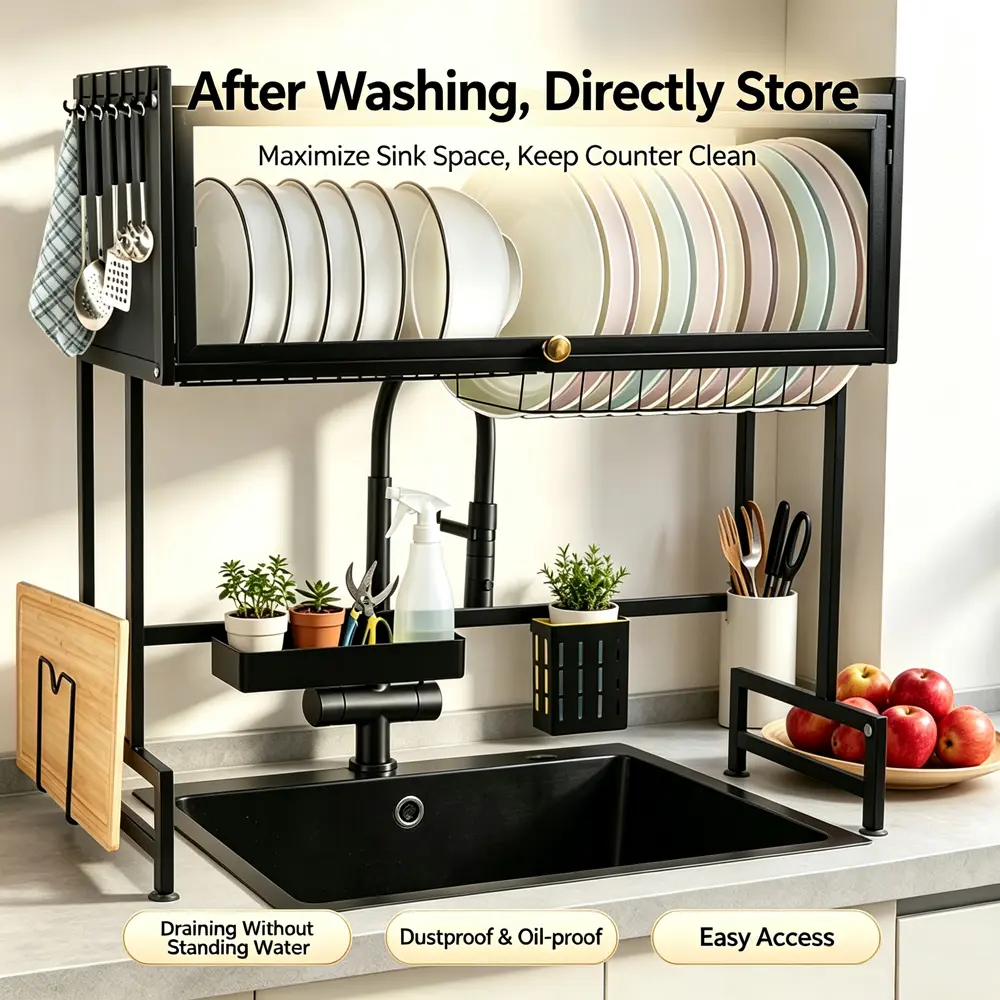 Single Unit Rectangle Over-The-Sink Countertop Dish Drainer Drying Rack with Cover, Stable Space-Saving Kitchen Sink Shelf Organizer for Home Storage, Box-Packed