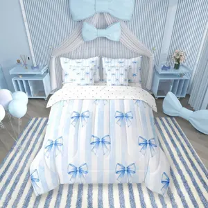 7 Pieces Blue Bowknot Kids Comforter,Geometric Stripes Bow Tie Patchwork Dreamy Girls Bedding Set,Butterfly Knot Princess Cute（Comforter+Fitted+Flat+2 Pillowcases+2 Throw Pillow Covers）