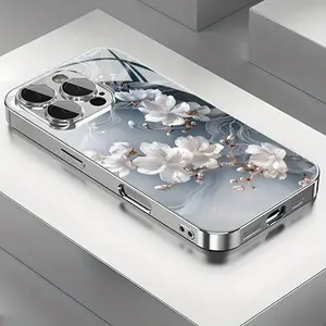 Elegant and Gorgeous White Floral High-End Pattern Electroplated Glass Phone Case for iPhone 16ProMax/15Pro/14Plus/13/12/11/X/XR/XsMax, with Lens Protection, Fashionable Design, Premium Feel Protective Cover