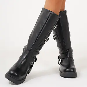 Women's Comfortable Winter Boots Trendy Moto Boots Mid-Calf Buckle Straps Chunky Sole Booties