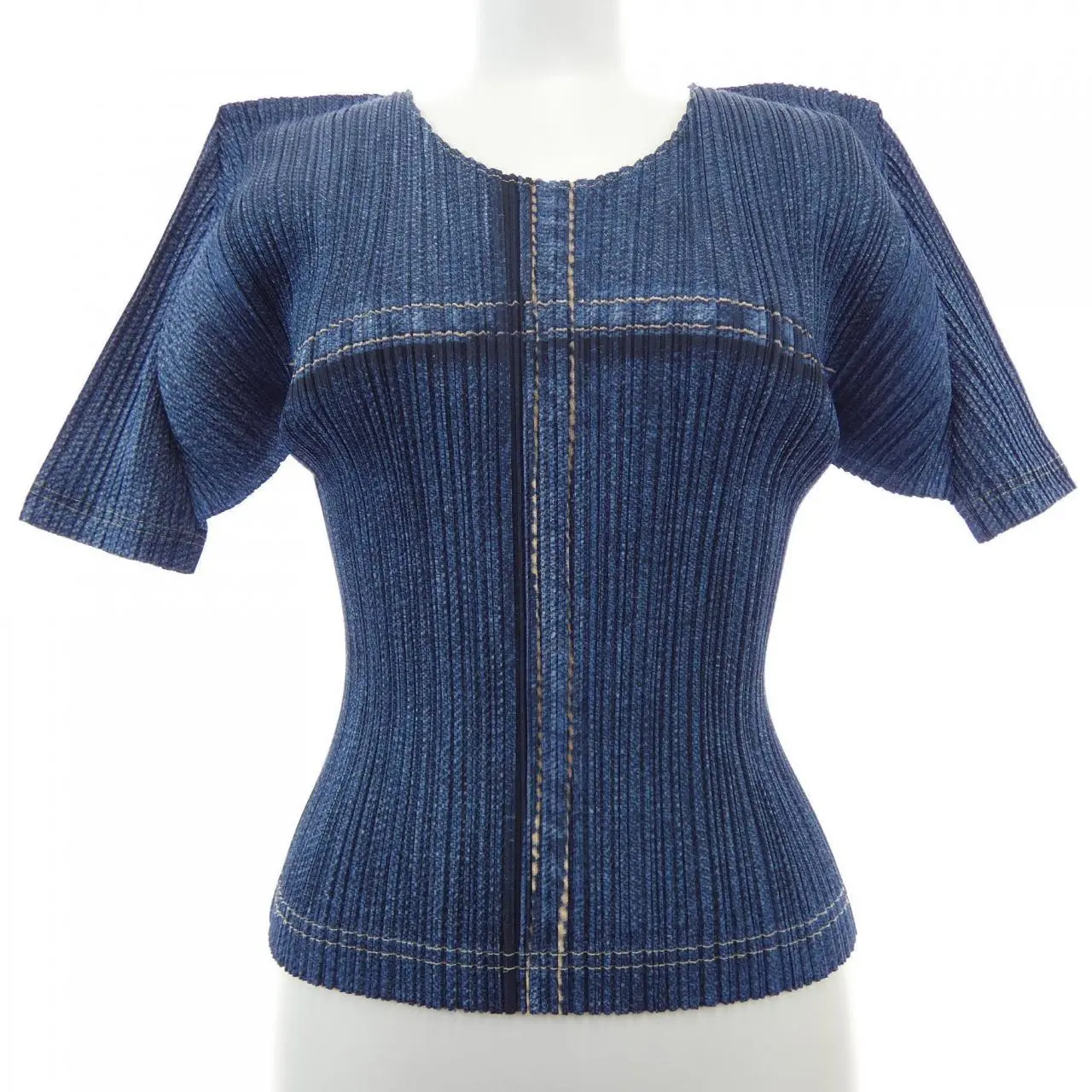 Pre-owned Issey Miyake Denim Small Leather Goods Pleats Please Top
