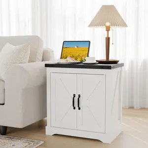 Farmhouse End Table - 24" White Farmhouse End Table with USB Charging Station & Barn Door, Rustic Wood,Side Table for Bedroom Living Room