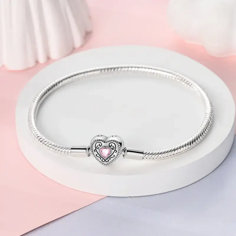 Vintage Heart and Snake Chain Bracelet Elegant Heart Lock Charms Design with Pink and Clear Zirconia Romantic Princess Style Valentine's Day Gift