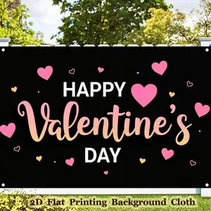 2D Flat Banner, 1pc 8×6FT/96×72INCH/244cm×183cm Banner Black-Pink Heart Love, Happy Valentine'S Day Polyester Party Banner, Mr&Mrs Wedding Photography Backdrop, for Bride to Be Engagement, Bachelorette Party, Miss To Mrs & Girls Party, Cake Table