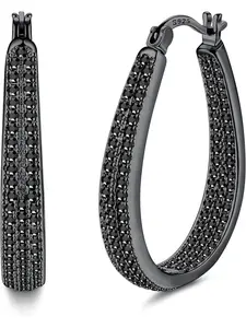 Earrings Creole 925 Sterling Silver Post for Women Girls Clear Black Zirconia 14K Gold Plated Oval Rough Silver Earrings Creole Black Fashionable Hoop Earrings