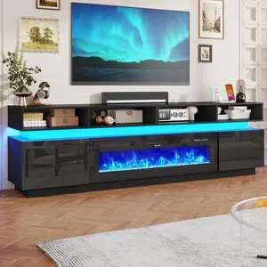 63 Inch/71 Inch/83 Inch/93 Inch LED TV Stand/Fireplace TV Stand, Modern Tall Entertainment Center with Storage, High Gloss Gaming TV Media Console with Glass Shelf for Living Room, White/Black
