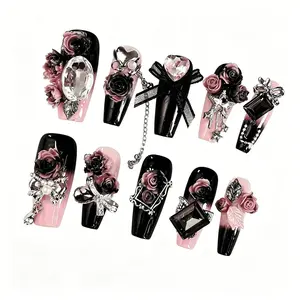 Spicy Girl Style Press-On Nails, Medium-Long Coffin Shape, Hand-Crafted Roses & Diamonds, Dark Temperament Nail Art
