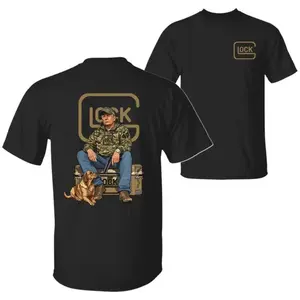 The 47th President Trump Holding a Glock Sitting Next to a Hunting Dog Shirt, Camo Hunting Season Crewneck Unisex Cotton T-shirt100% pure cotton, is suitable for all seasons and can be worn for daily life, sports, parties, or street outfits.