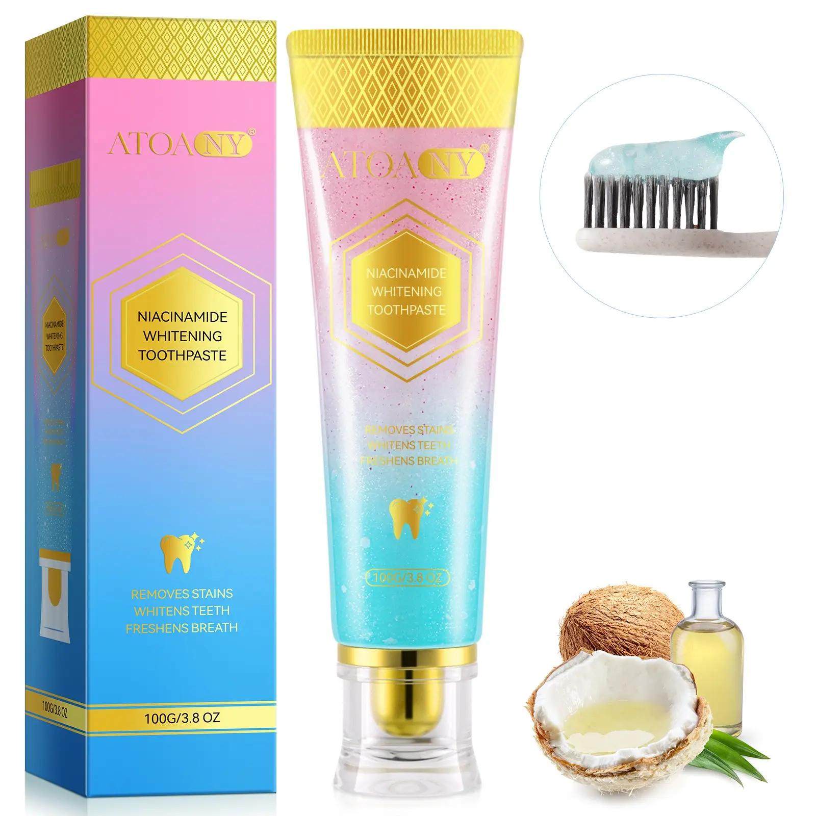 Atoany Niacinamide Enzyme Toothpaste 100g, Removes Plaque and Stains, Fluoride-Free, Fresh Mint, Ideal for Sensitive Gums, Tooth Stain Remover