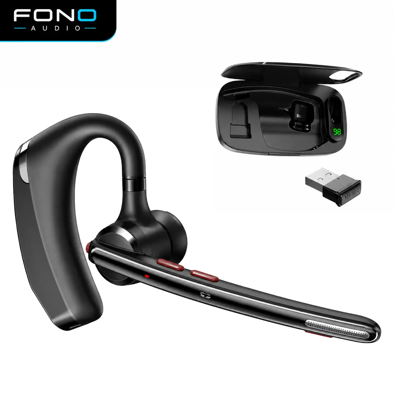FONO Bluetooth Headset with Mic, 25H Talk Time, Dual-Mic ENC Noise Reduction, LED Display，IPX5 Water Resistant, 500mAh Charging Case, Mute Button, Ear Hook, USB Adapter,   trucker driver，   Hands-Free Calls, Manufacturer Warranty tiktokshopstockup