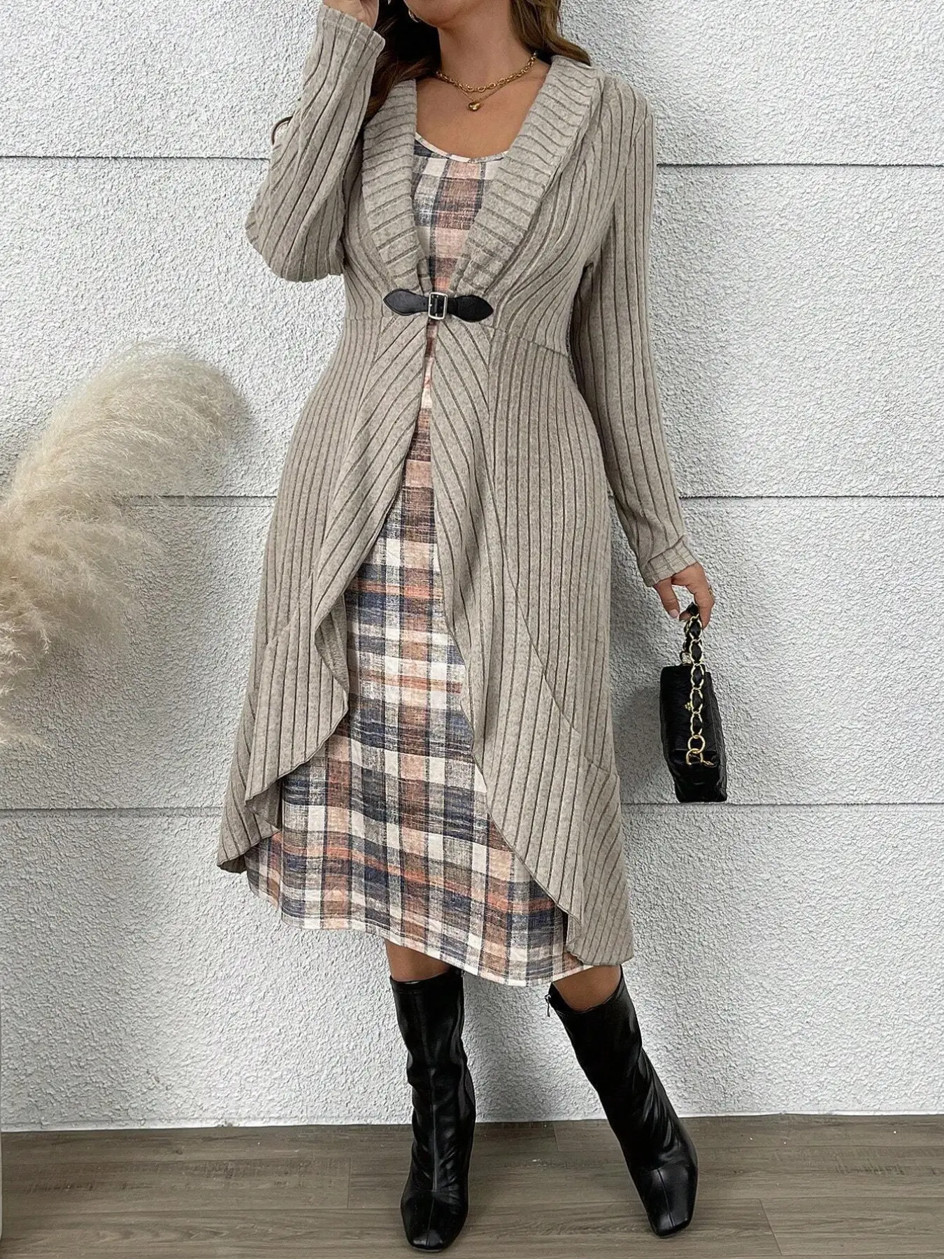 Women's Fall Winter New Arrival Knitted Button Placket Long Cardigan + Strappy Checkered Dress Set, Korean Style, Daily Wear
