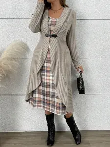 Autumn Winter New Knitted Belted Pleated Long Cardigan Outerwear Tank Plaid Dress Set for Women, Korean Style, Knee Length