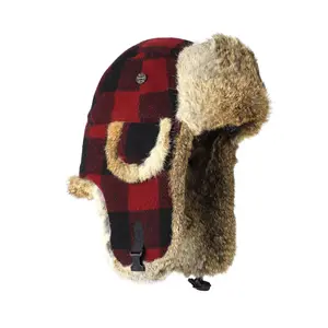 305WMP  Wool Plaid Bomber Maroon w/Brown Rabbit Fur