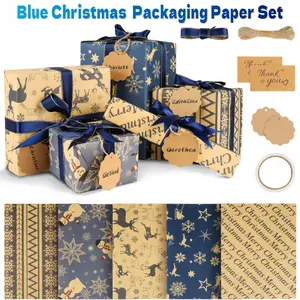 33 PCS Gift Wrap,Christmas Classic Blue Christmas Gift Wrap Set, Reindeer and Tree Designs, Holiday Presents, Birthdays and Party Favors Gift Wrapping Accessories,Christmas Gift Box Packaging Paper Hot