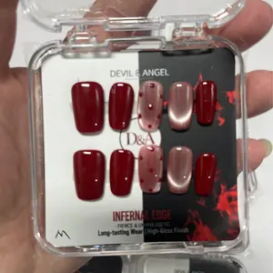 Wearing nail art in red, high-end wave point, cat eye, white, simple and short style, New Year nail art