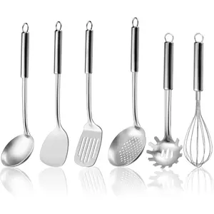 6-Piece Stainless Steel Kitchen Cooking Utensils Set with Suspendable Handle Dishwasher Safe, Includes Spatula Slotted Turner Soup Ladle Slotted Spoon Whisk Pasta Server