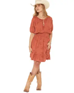 Wild Moss Women's Women'S Western Embroidered Cutout Mini Dress - Ima6160-W2083 Rust