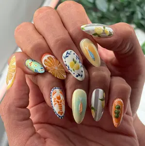 Mediterranean Coastal Press On Nails Almond Shape  Handmade Citrus Lemon, Orange Slice & Blue Fish Nail Art with Italian Ceramic Tile Design  Reusable Acrylic False Nail Set for Women