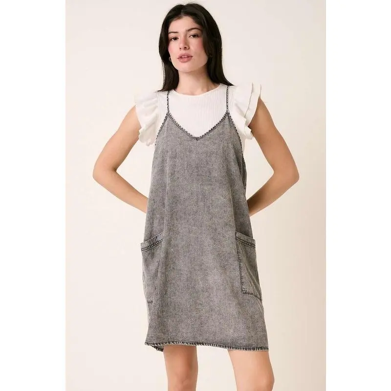 Mittoshop Washed Patch Pocket Mini Cami Denim Dress
