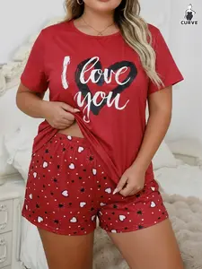 Valentine's Day Plus Size Women's Knitted Pajama Set, Letter Heart Print Short Sleeve Top and Shorts, Casual Loose Fit Sleepwear, Nightwear Lounge Set
