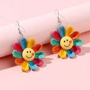 Vivid Candy-Colored Sunflower Stud Earrings with Cute Braided Flower Designs Smiling Faces and Iron Hooks for Daily Wear and Carnival Celebrations