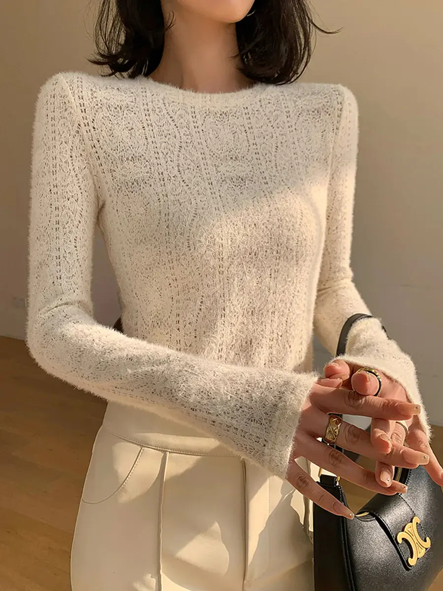 Women's Floral Hollow Knitwear, Round Neck Long-Sleeve Crew Top, Basic