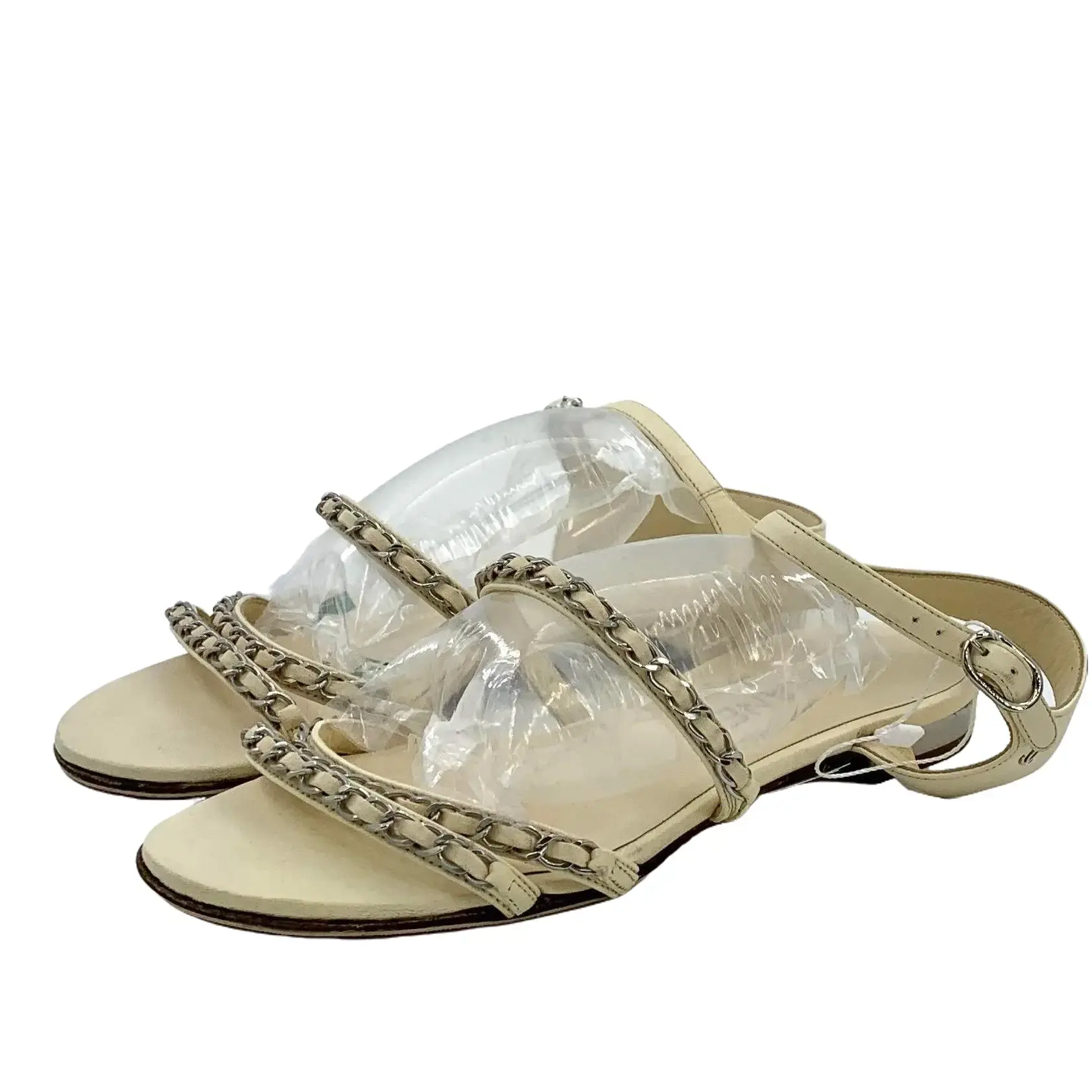 RDLT-Chanel size 37 beige chain strap buckle design casual flat sandals-X36889