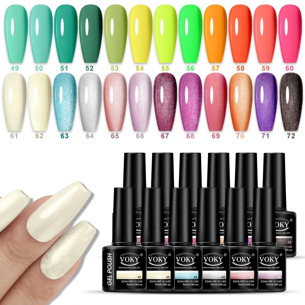 VOKY 24 Pack Gel Nail Polish Set #49-72 - Summer Dopamine & Metallic Shimmer Collection, Neon Brights Glitter Cream, UV LED Soak Off Festival Vacation Nail Art Kit, 5-Free