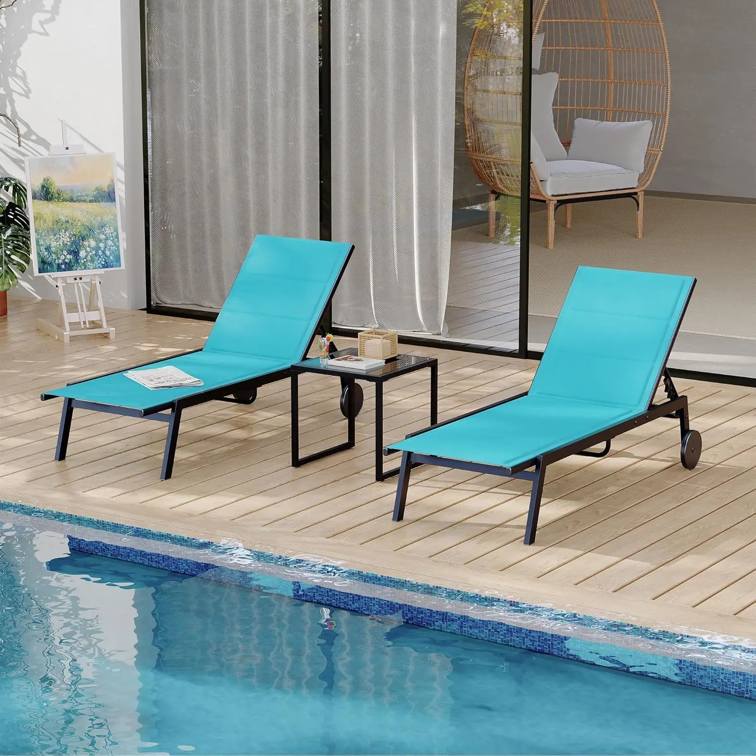 Adjustable Chaise Lounge Set of 3, Outdoor Recliners Equipped with Wheels and Side Table, Perfect for Poolside Garden Lawn and Deck