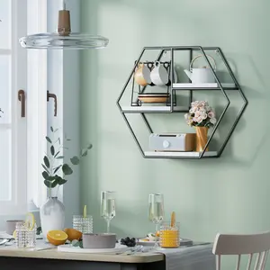 Hexagon Floating Shelves Wall-Mounted - 3 Tier Hexagon Decorative Hanging Wall Shelf, Wood and Metal Shelves for Wall Decor, Art Honeycomb Shelf for Bedroom, Living Room, Bathroom, Black & White.