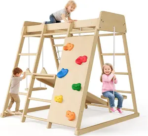 8 in 1 Wooden Jungle Gym Indoor Playground Kids Climbing Toys Playset with Slide Swing Monkey Bars Climb Net Natural Safe Christmas Birthday Gifts for Toddlers Kids