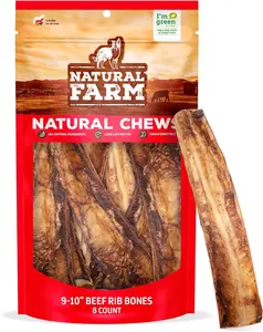 Natural Farm 9-10 Inch Beef Rib Bones - 8 Count, Grain-Free, Hormone-Free, Chemical-Free, Rich in Iron & B-Vitamins, Perfect for Large Dogs, Dental Health, Energy Production, Immune System Support